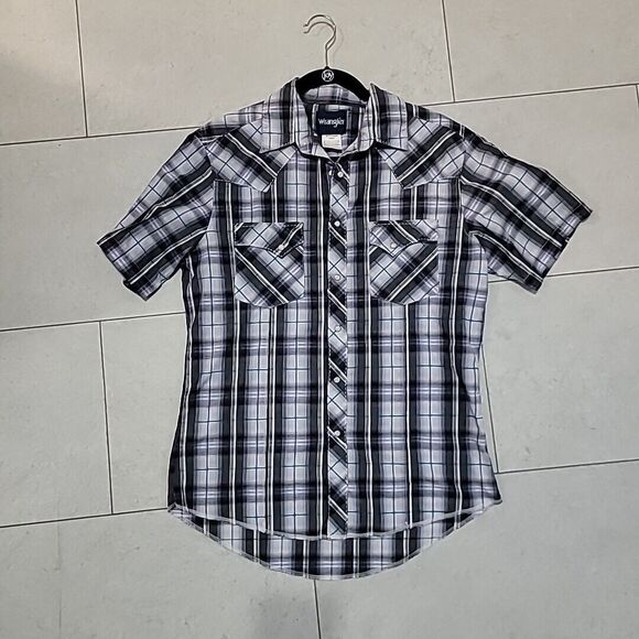 Wrangler Mens Western Cowboy Pearl Snap Shirt Blue Green White Plaid Medium - Picture 2 of 6